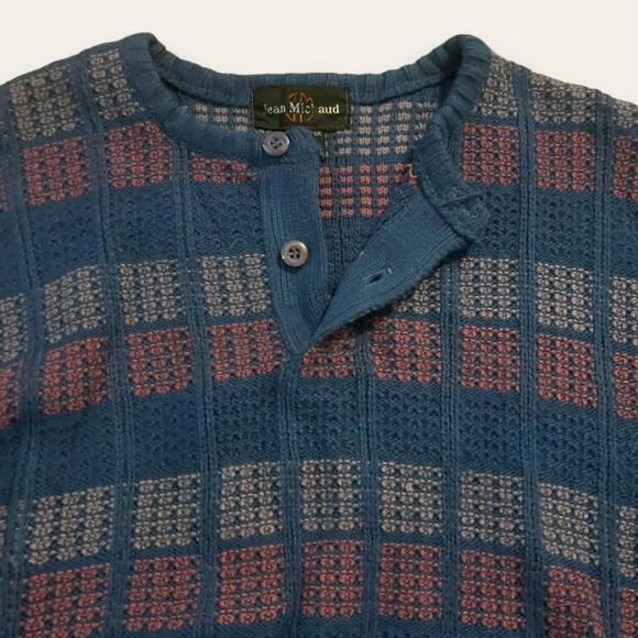Vintage Checkered Patterned Sweater 1980s Jean Michaud Pullover Buttons Size Med - Picture 3 of 6
